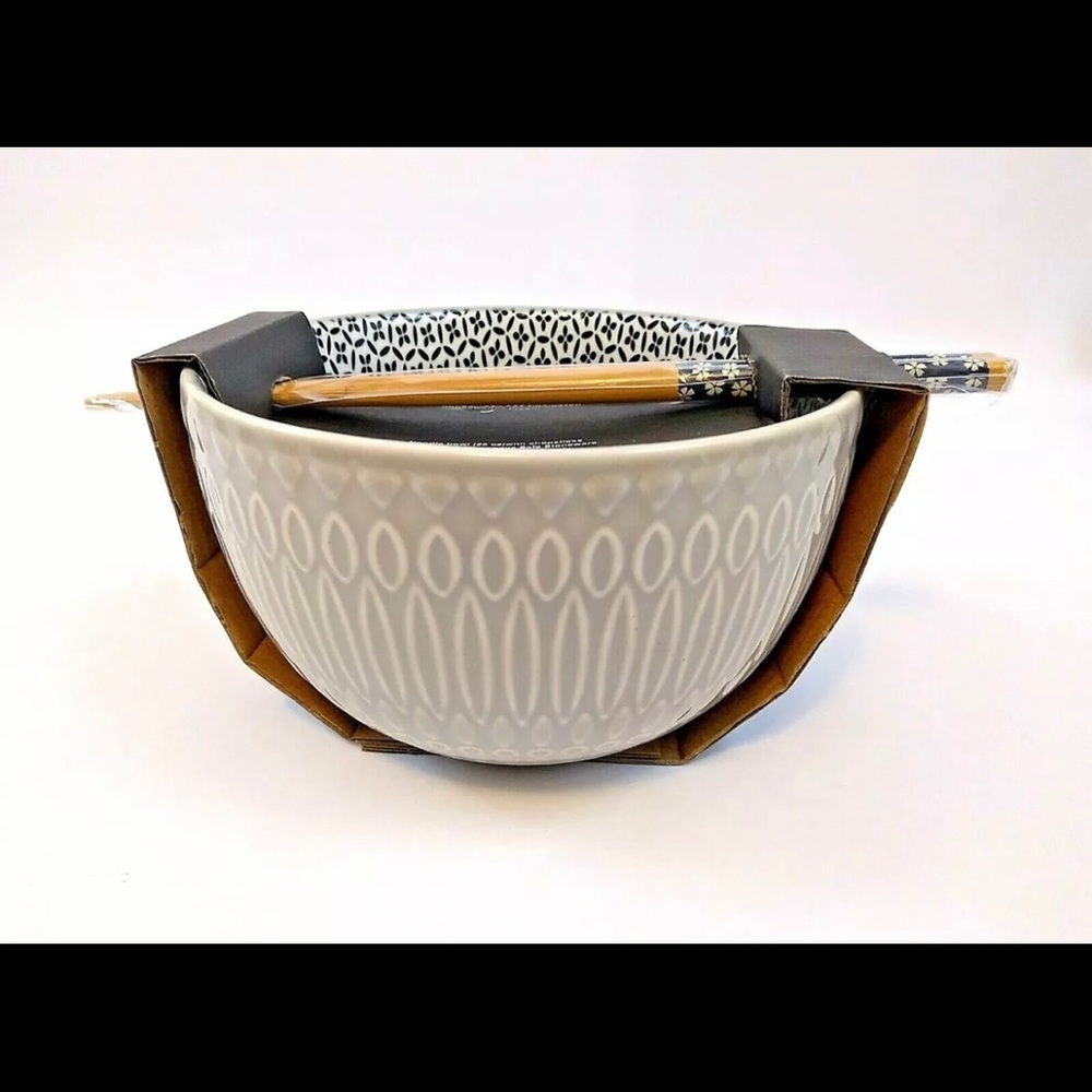 Signature Houseware Noodle Bowl With Chopsticks Gray & Blue Ovals